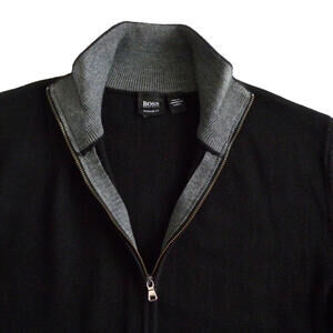 Boss Hugo Boss Sweater Mens Moc Neck Regular Fit Full Zip Wool Blend Black L